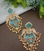Gold plated pachi kundan studded bird chandbali kashmiri ghungaroo blue drop earrings