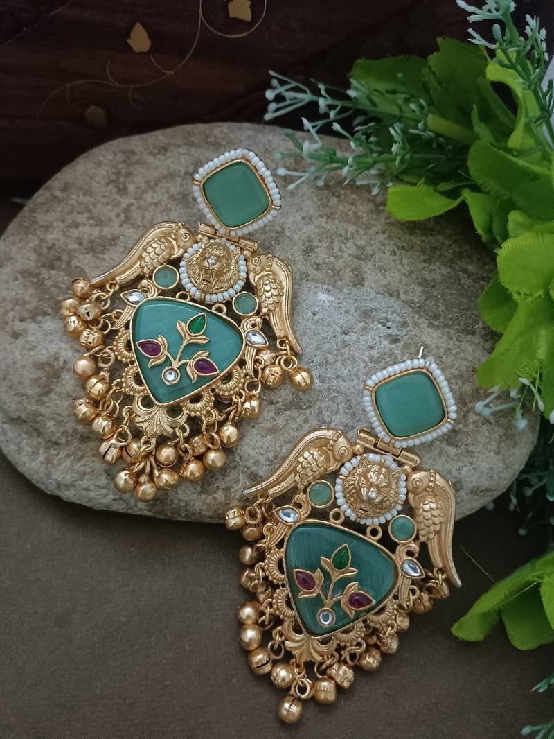 Gold plated pachi kundan studded bird chandbali kashmiri ghungaroo blue drop earrings
