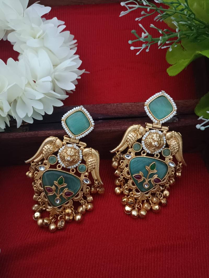 Gold plated pachi kundan studded bird chandbali kashmiri ghungaroo blue drop earrings