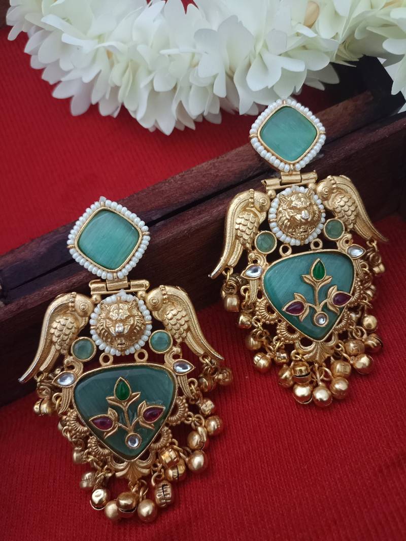 Gold plated pachi kundan studded bird chandbali kashmiri ghungaroo blue drop earrings