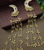 Gold plated pachi kundan & ghungaroo studded crescent  moon kashmiri red drop earrings vs105409