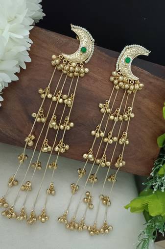 Gold plated pachi kundan & ghungaroo studded crescent  moon kashmiri green drop earrings