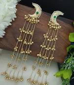 Gold plated pachi kundan & ghungaroo studded crescent  moon kashmiri green drop earrings