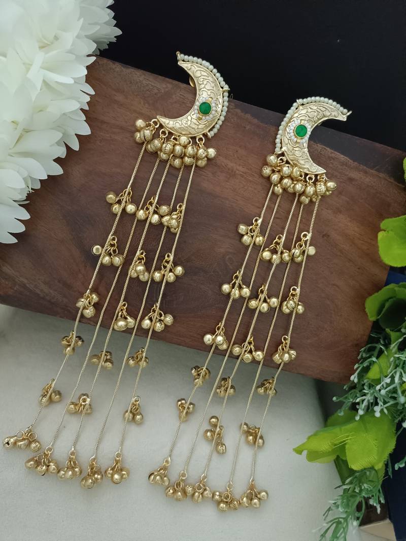 Gold plated pachi kundan & ghungaroo studded crescent  moon kashmiri green drop earrings