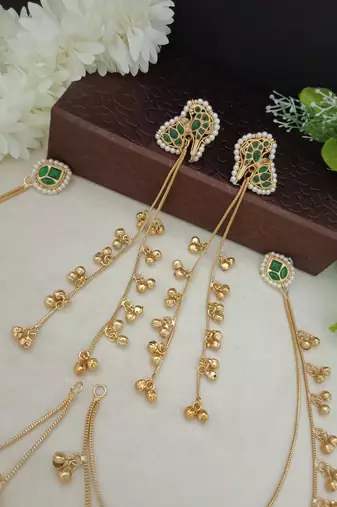 Brass-plated kundan peacock kashmiri green drop ghungaroo earrings with earchains