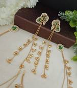 Brass-plated kundan peacock kashmiri green drop ghungaroo earrings with earchains