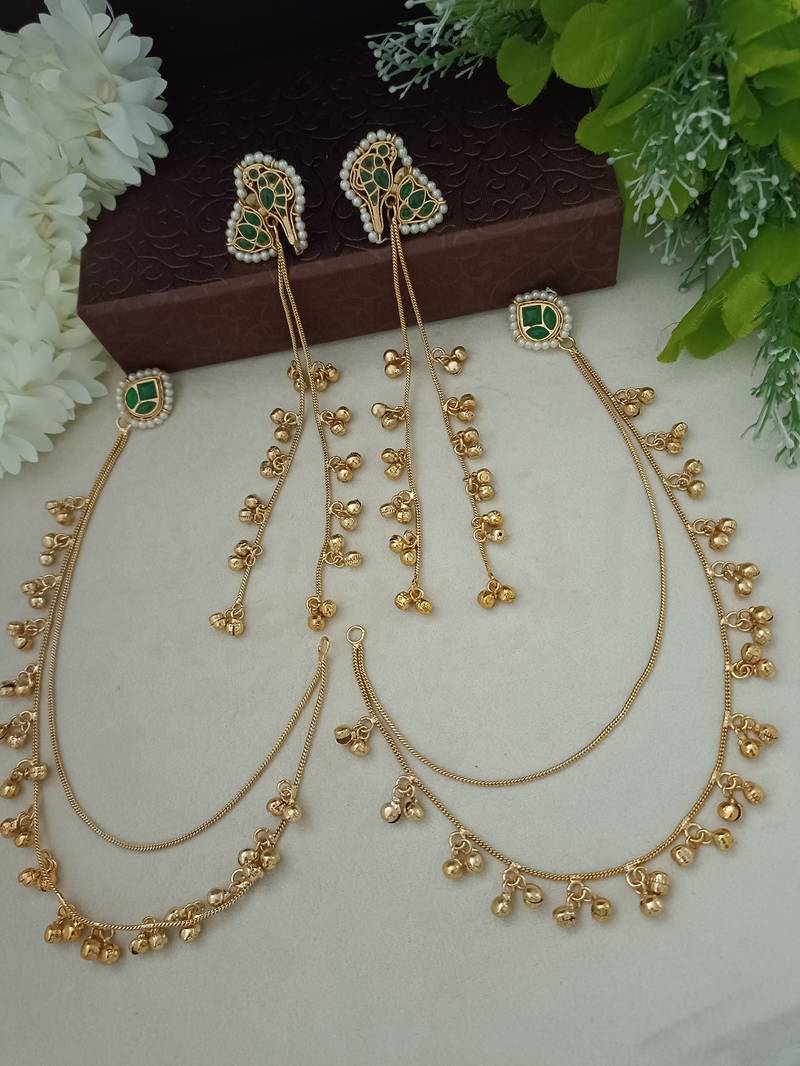 Brass-plated kundan peacock kashmiri green drop ghungaroo earrings with earchains