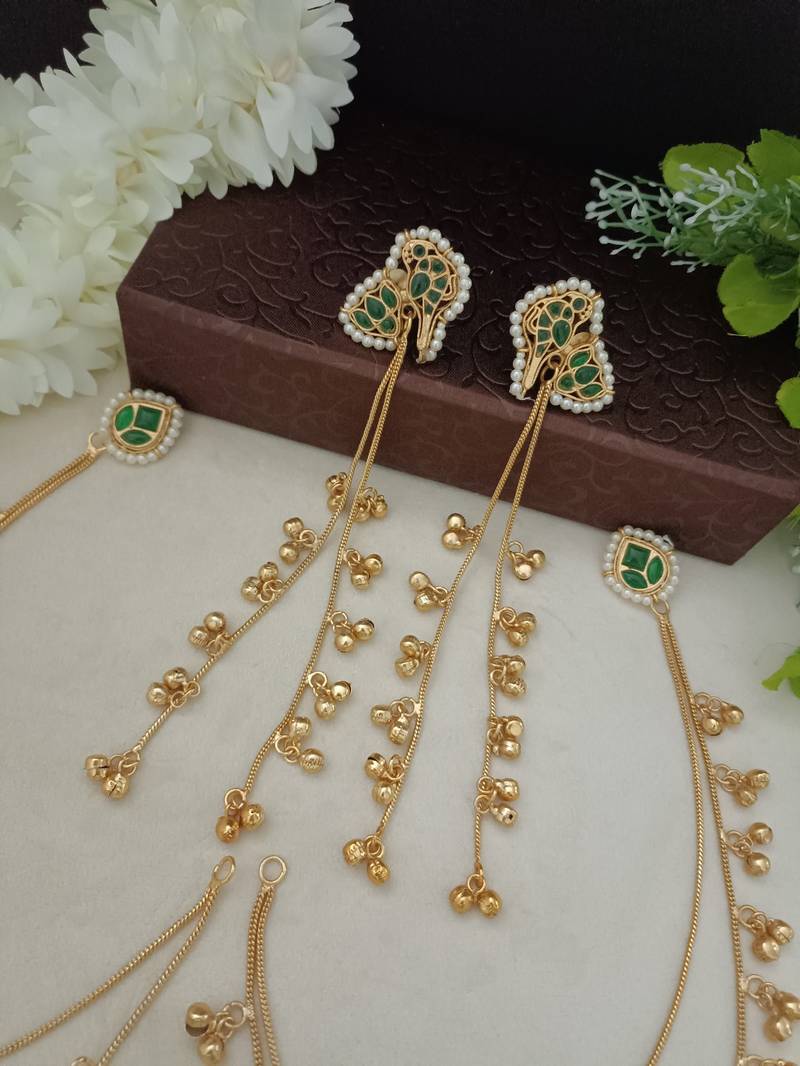 Brass-plated kundan peacock kashmiri green drop ghungaroo earrings with earchains
