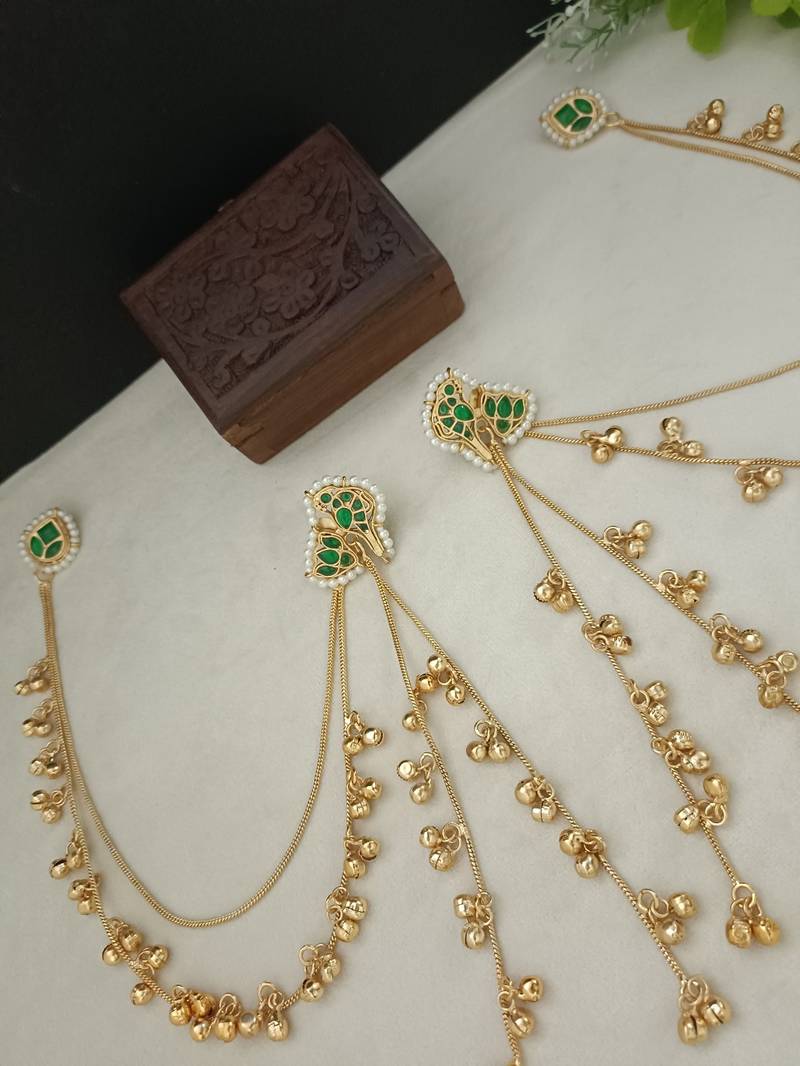 Brass-plated kundan peacock kashmiri green drop ghungaroo earrings with earchains
