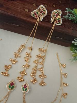 Brass-plated kundan peacock kashmiri multi drop ghungaroo earrings with earchains 1