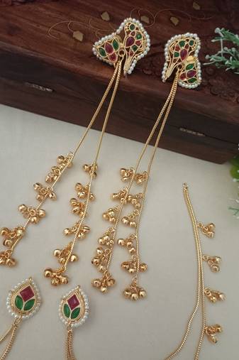 Brass-plated kundan peacock kashmiri multi drop ghungaroo earrings with earchains