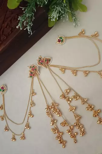 Brass-plated kundan peacock kashmiri multi drop ghungaroo earrings with earchains