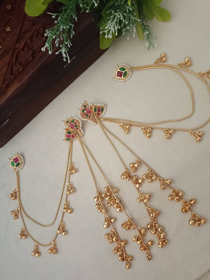 Brass-plated kundan peacock kashmiri multi drop ghungaroo earrings with earchains