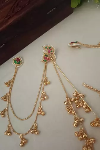 Brass-plated kundan peacock kashmiri multi drop ghungaroo earrings with earchains