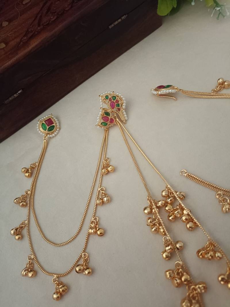 Brass-plated kundan peacock kashmiri multi drop ghungaroo earrings with earchains