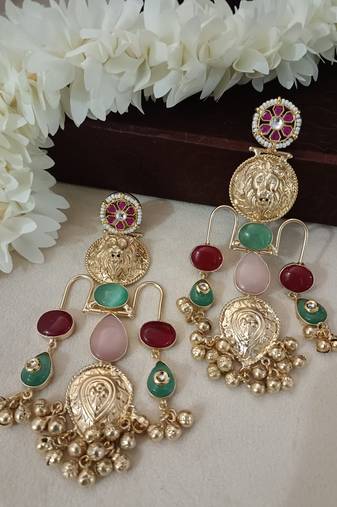 Gold plated pachi kundan studded ghungaroo kashmiri multi drop earrings