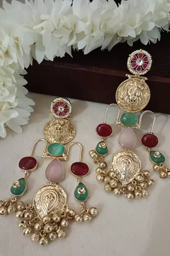 Gold plated pachi kundan studded ghungaroo kashmiri multi drop earrings