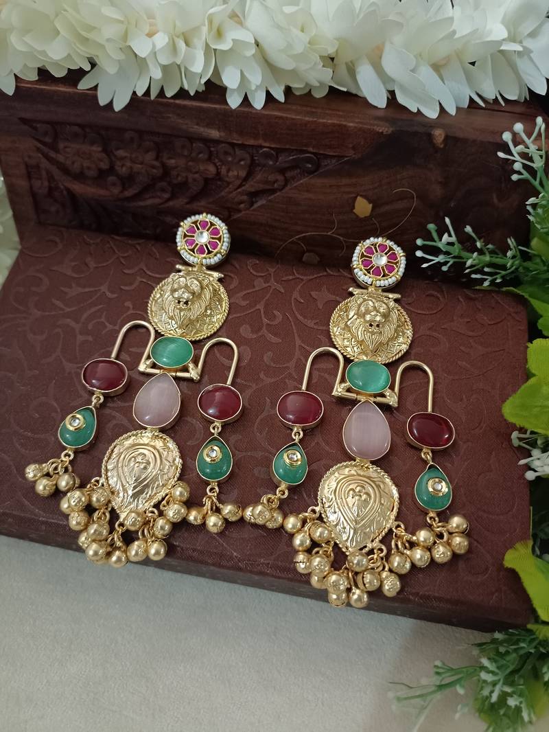 Gold plated pachi kundan studded ghungaroo kashmiri multi drop earrings