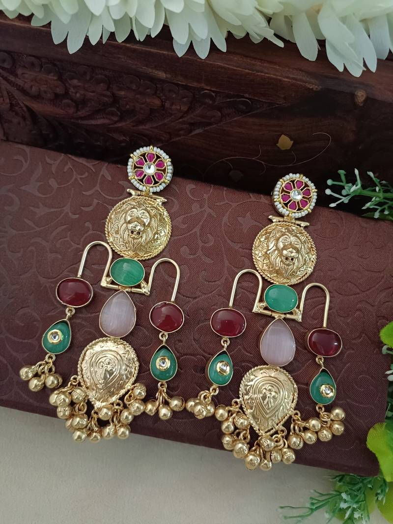 Gold plated pachi kundan studded ghungaroo kashmiri multi drop earrings