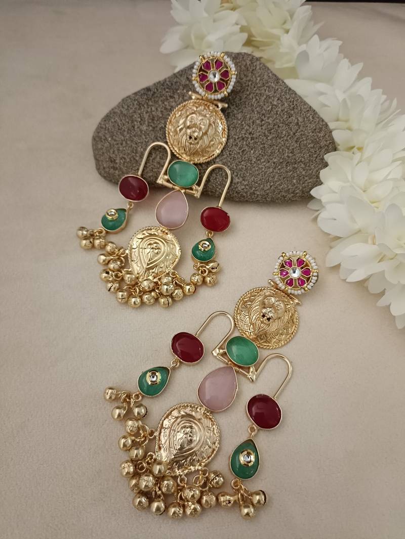 Gold plated pachi kundan studded ghungaroo kashmiri multi drop earrings