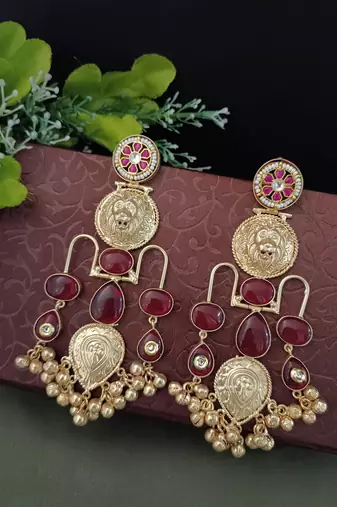 Gold plated pachi kundan studded ghungaroo kashmiri red drop earrings
