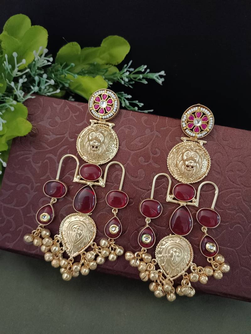 Gold plated pachi kundan studded ghungaroo kashmiri red drop earrings
