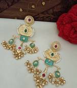 Gold plated pachi kundan studded ghungaroo kashmiri green drop earrings
