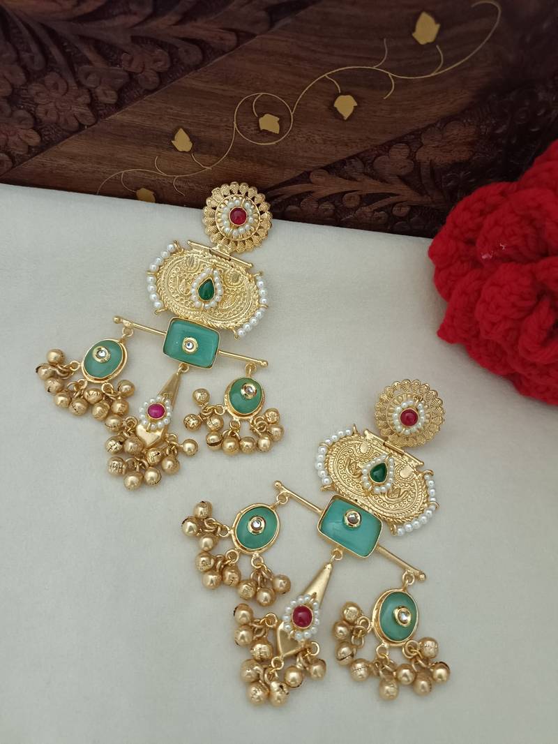 Gold plated pachi kundan studded ghungaroo kashmiri green drop earrings