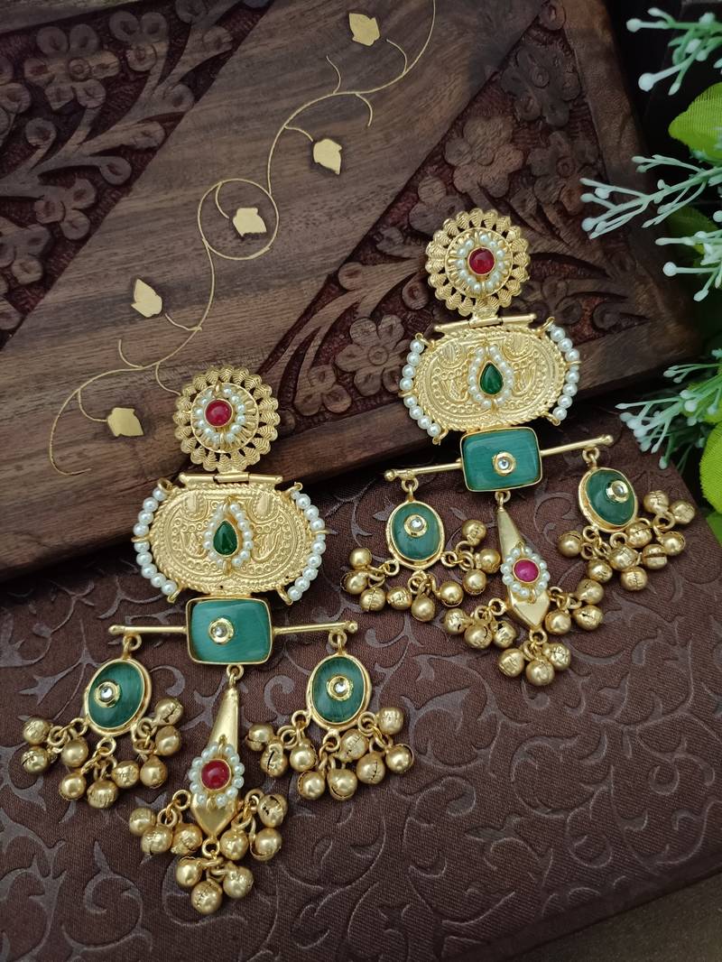 Gold plated pachi kundan studded ghungaroo kashmiri green drop earrings