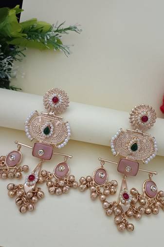 Gold plated pachi kundan studded ghungaroo kashmiri pink drop earrings
