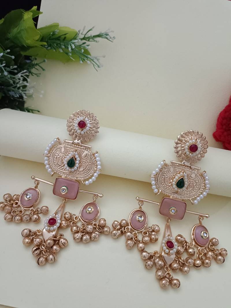 Gold plated pachi kundan studded ghungaroo kashmiri pink drop earrings