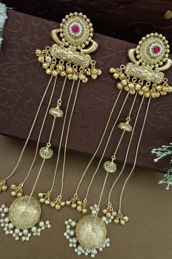 Gold-plated kashmiri long jhumka earrings with pearl & ghungroo chains