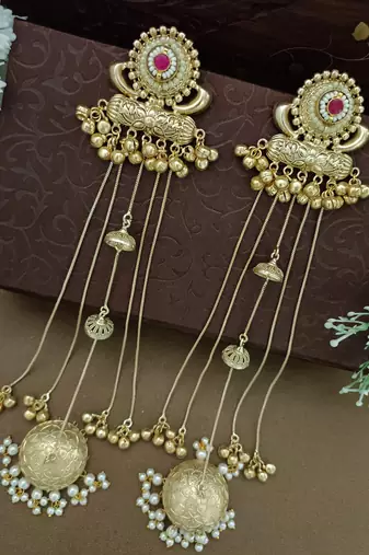 Gold-plated kashmiri long jhumka earrings with pearl & ghungroo chains