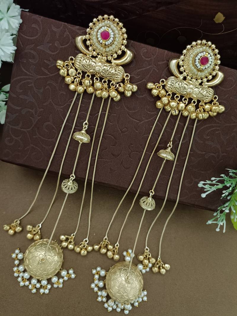 Gold-plated kashmiri long jhumka earrings with pearl & ghungroo chains