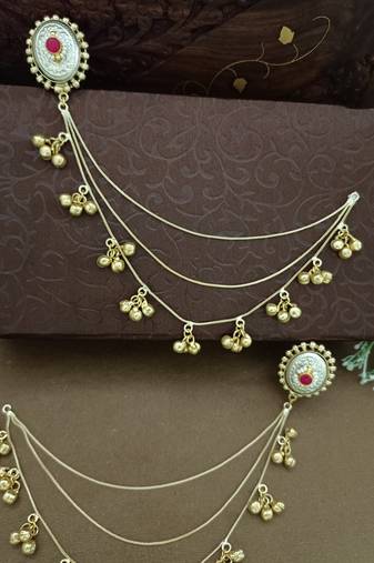 Gold-plated kashmiri ear chains with multi-layer ghungroo drops