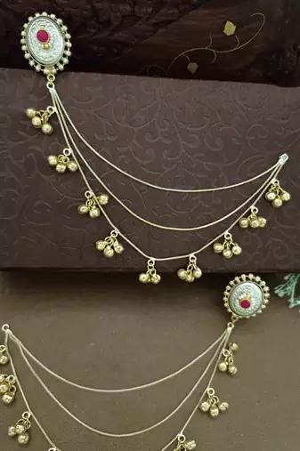 Gold-plated kashmiri ear chains with multi-layer ghungroo drops