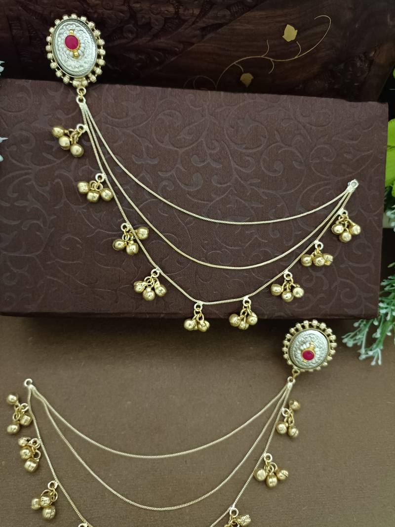 Gold-plated kashmiri ear chains with multi-layer ghungroo drops