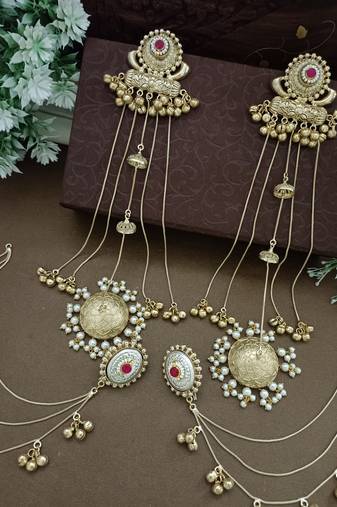 Gold-plated kashmiri long jhumka earrings with matching ear chains