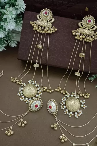 Gold-plated kashmiri long jhumka earrings with matching ear chains