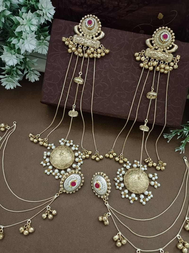 Gold-plated kashmiri long jhumka earrings with matching ear chains