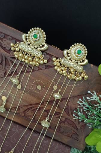 Gold-plated kashmiri long jhumka earrings with pearl & ghungroo chains