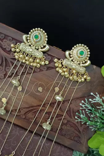 Gold-plated kashmiri long jhumka earrings with pearl & ghungroo chains