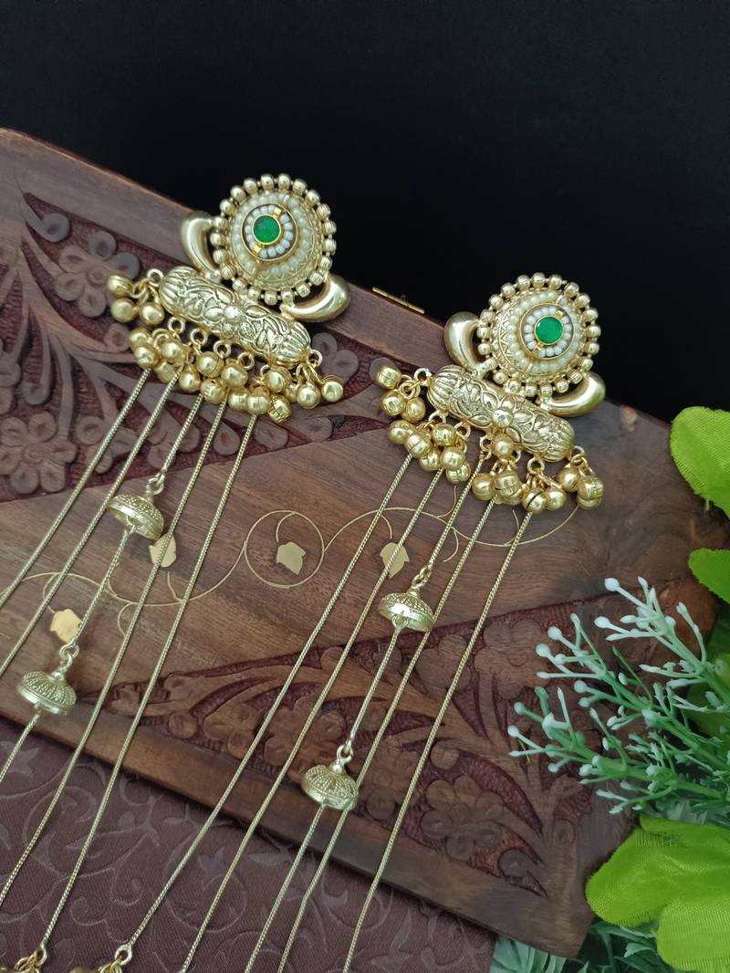 Gold-plated kashmiri long jhumka earrings with pearl & ghungroo chains