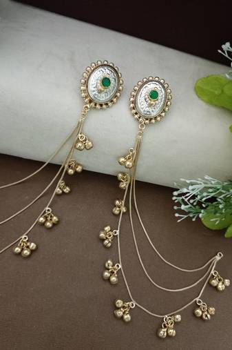 Gold-plated kashmiri ear chains with multi-layer ghungroo drops