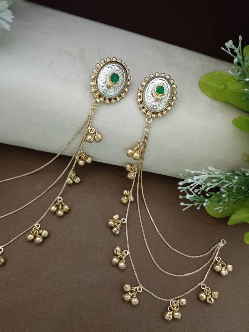 Gold-plated kashmiri ear chains with multi-layer ghungroo drops