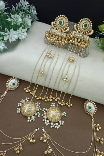 Gold-plated kashmiri long jhumka earrings with matching ear chains