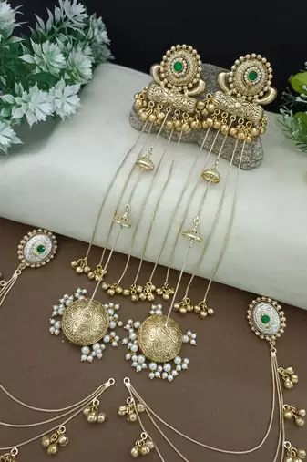 Gold-plated kashmiri long jhumka earrings with matching ear chains