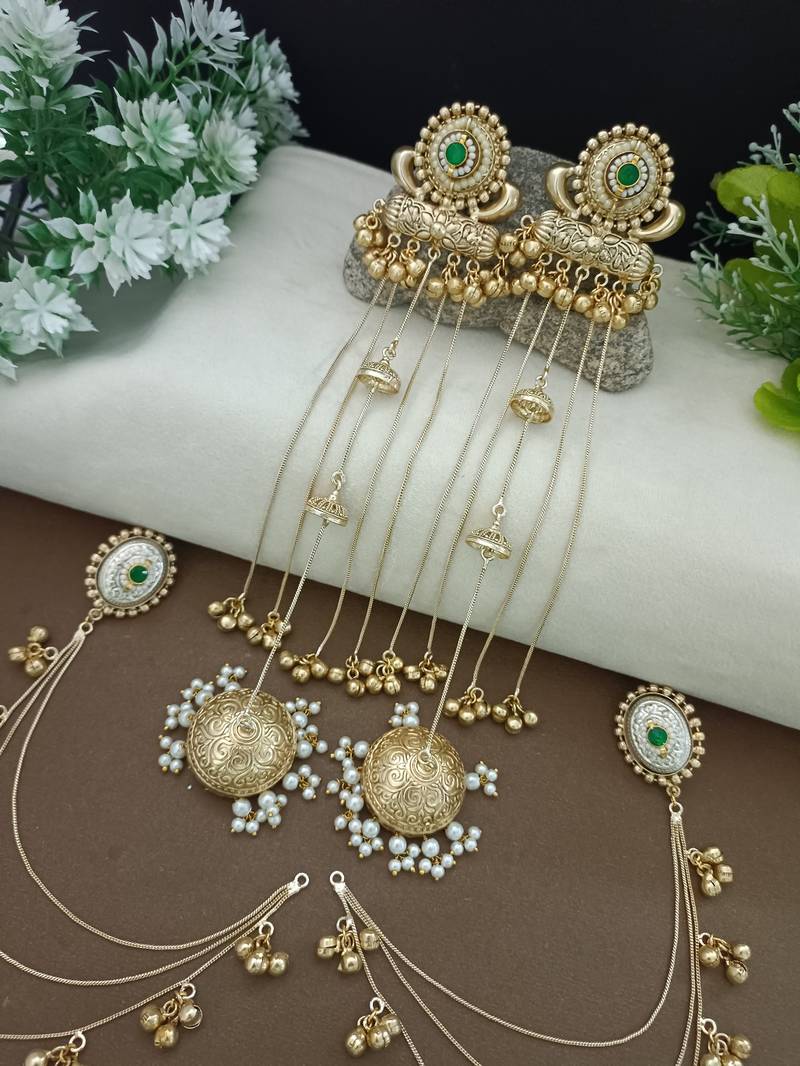 Gold-plated kashmiri long jhumka earrings with matching ear chains