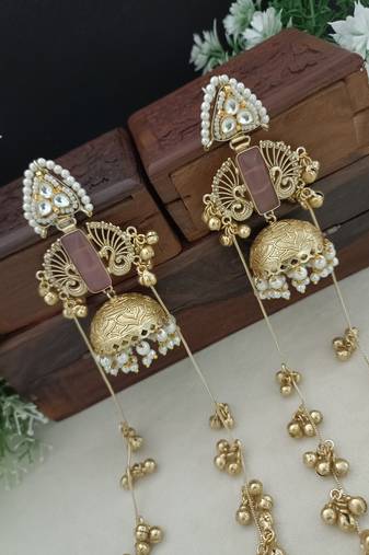 Gold-plated kashmiri long jhumka earrings with pearl & ghungroo chains