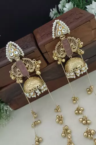 Gold-plated kashmiri long jhumka earrings with pearl & ghungroo chains